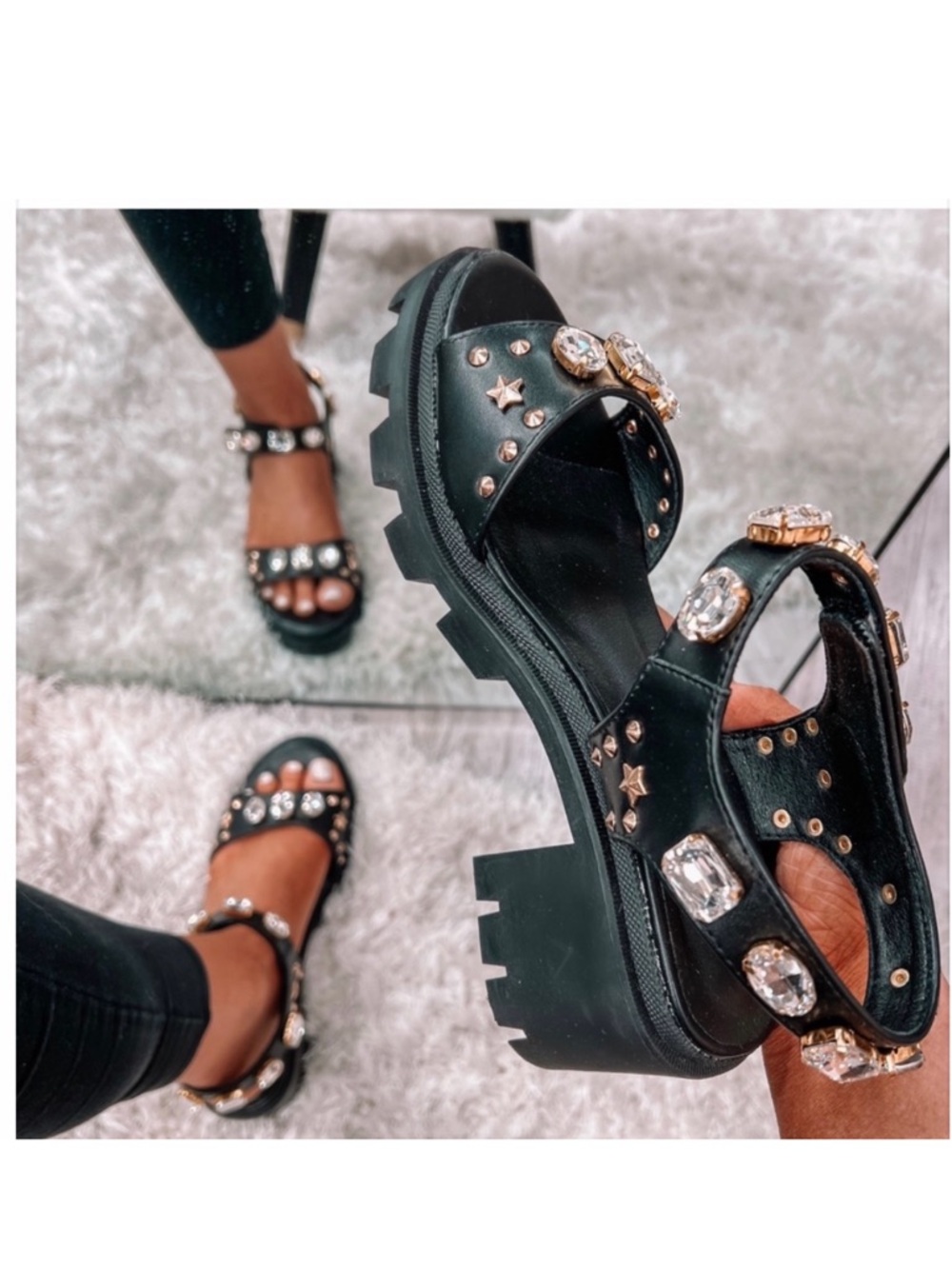 Black Jeweled Chunky Sandals - Women
